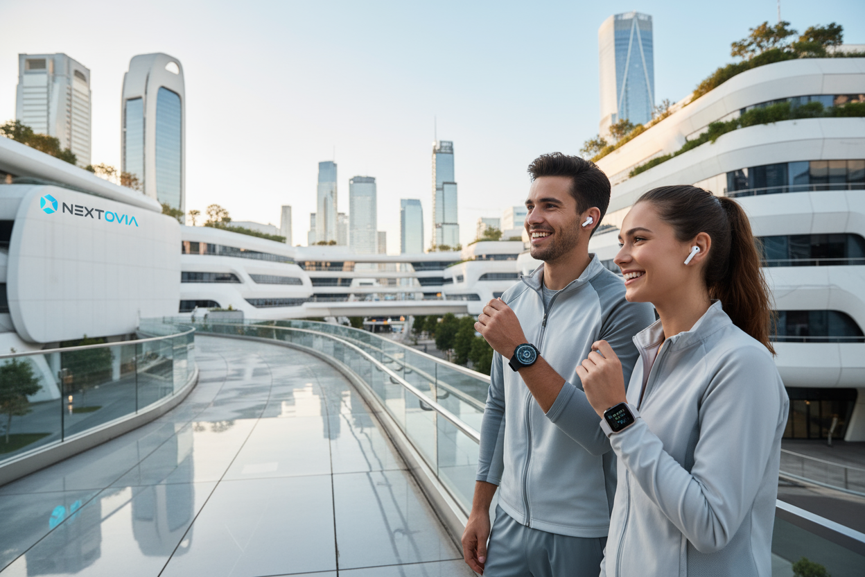 Lifestyle style:
“Young man and woman wearing earbuds and smartwatches, smiling in urban outdoor background, futuristic clean tone, Nextovia branding visible.”