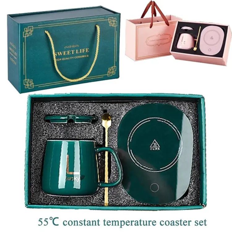 Lucky 55°C Coffee Cup Warmer Gift Set – Electric Heating Mug with Thermostatic Coaster, Lid & Spoon | Smart Ceramic Mug for Office & Home