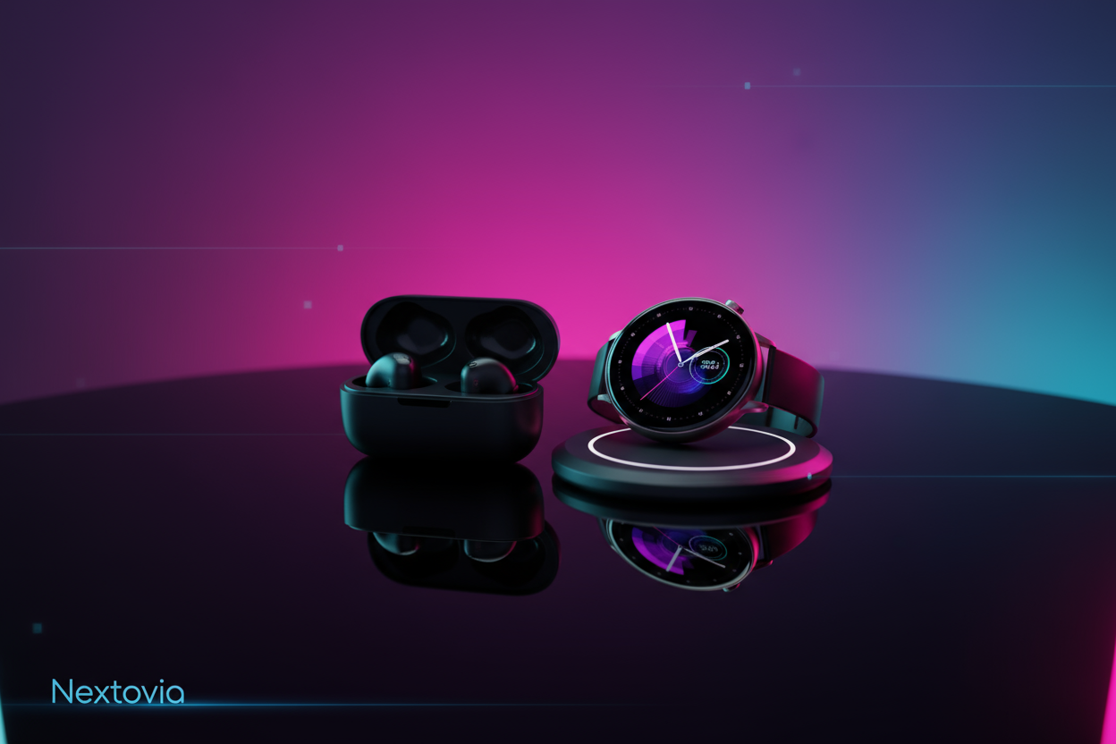Product focus:
“Close-up table shot of earbuds, watch, and charger with reflection, neon gradient background, tech fashion vibe, minimal text Nextovia.”